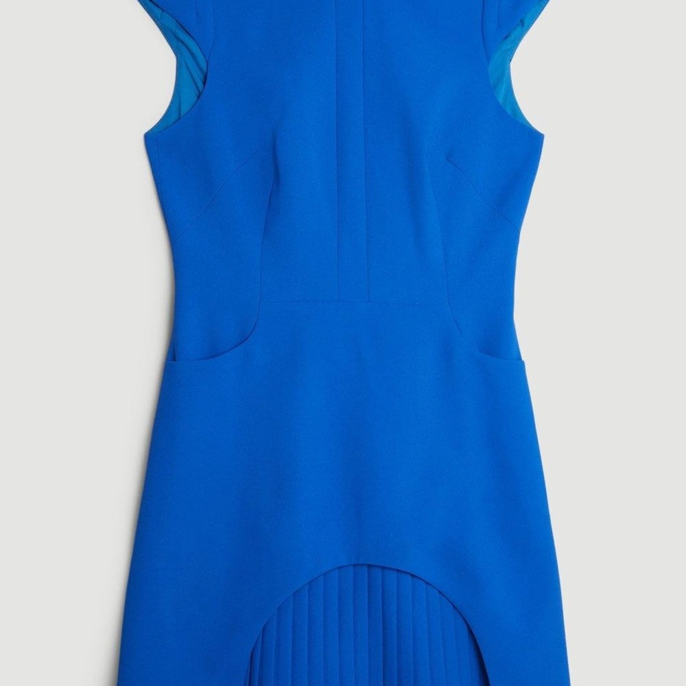 Karen Millen Blue Structured Crepe Military Tailored Dress with Pleats